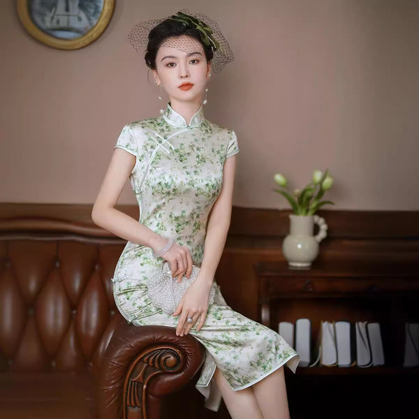 chinese collar silk dress 3/4 Sleeve Mandarin Collar Tea Length Floral Silk Ao Dai Dress