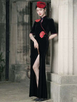 Chinese Cheongsam, Black qipao, Evening Dress, Ball Gown, black velvet qipao, evening gown, Mandarin collar