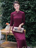 Elegant traditional Chinese dress, Chinese Cheongsam Dress, Evening Dresses, Ball Gowns, wine red Dress, mandarin collar, 3/4 sleeve