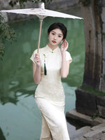 Modern Chinese qipao, Chinese Cheongsam, white jacquard dress, floral dress, Evening dress