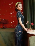 Chinese Cheongsam, Ball Gown, Orchid qipao, floral pattern, summer qipao dress, navy blue color, Mandarin collar