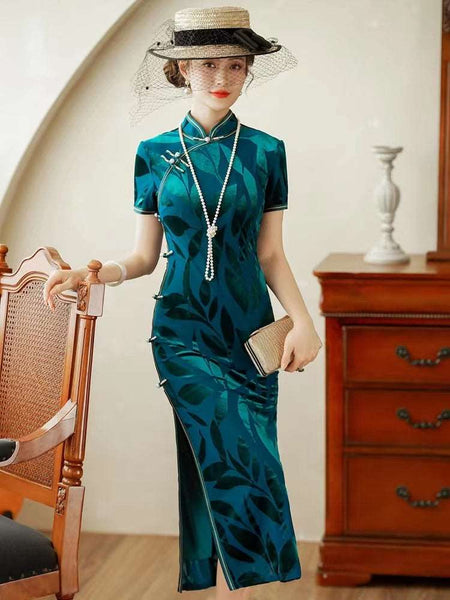Chinese Cheongsam, Ball Gown, summer qipao dress, blue color, Mandarin collar