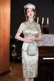 Free alteration, Modern Chinese Qipao, Mulberry Silk cheongsam, light green floral qipao, kneelength dress