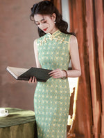 Chinese Cheongsam, green qipao, Sleeveless summer qipao