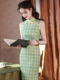Chinese Cheongsam, green qipao, Evening Dress, Ball Gown, Sleeveless summer qipao