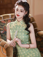 Chinese Cheongsam, green qipao, Sleeveless summer qipao