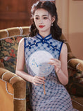 Chinese Cheongsam, blue qipao, Evening Dress, Ball Gown, Sleeveless summer qipao