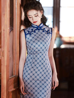 Chinese Cheongsam, blue qipao, Evening Dress, Ball Gown, Sleeveless summer qipao