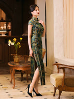 Mulberry Silk cheongsam, green color, event dress, floral print