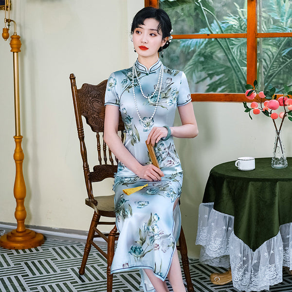 Modern Chinese Qipao dress, Mulberry Silk cheongsam, light blue color, evening Qipao 2XL Modern Chinese Qipao dress, Mulberry Silk cheongsam, light blue color, evening Qipao 2XL