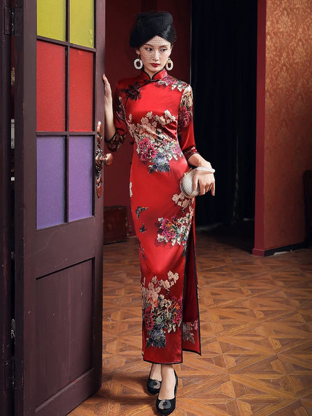 3/4 sleeve, Mulberry Silk cheongsam,  Evening Dress, red wedding qipao