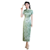 Modern Chinese Qipao, Mulberry Silk cheongsam,  Evening Dress,  floral prints, green color qipao