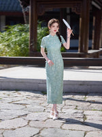 Modern Chinese Qipao, light green floral, Full length, mandarin collar
