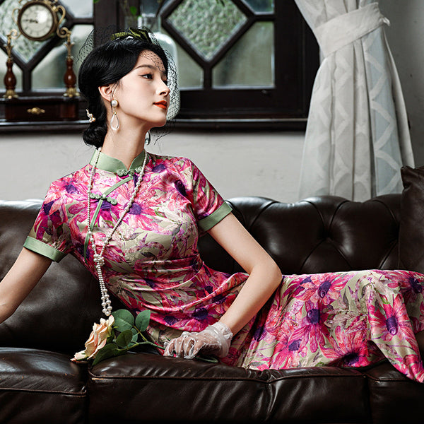 Modern qipao, Chinese Cheongsam, summer qipao, pink color, Ball Gowns, mandarin collar, casual qipao