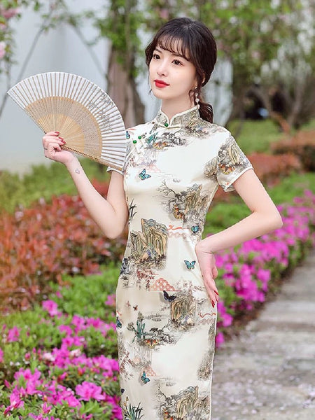 Robe Qipao chinoise moderne, qipao brodé, qipao floral crème, col mandarin