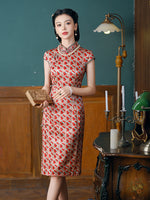 Mulberry Silk cheongsam, red cherry pattern, kneelength dress, casual qipao, summer qipao