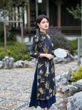 Modern Chinese dress, navy blue Ao Dai, flower pattern