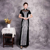 Chinese Cheongsam, Ball Gown, party qipao dress, black sequins velvet dress, Mandarin collar
