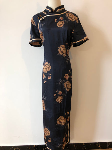 Qipao chinois moderne, robe Cheongsam chinoise, qipao jacquard bleu marine foncé, robes de bal, col mandarin