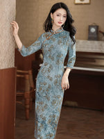 Modern Chinese Qipao dress,  light blue floral dress, Evening Dress, Full length, mandarin collar, 3/4 sleeve