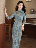 Modern Chinese Qipao dress,  light blue floral dress, Evening Dress, Full length, mandarin collar, 3/4 sleeve