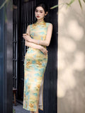 Modern Chinese qipao, Chinese Cheongsam, yellow floral color, Ball Gowns, Long Evening Dress, mandarin collar
