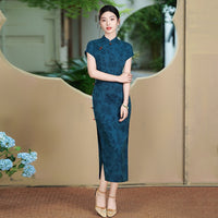 Modern Chinese Qipao, dark blue color, evening dress, ball gown, floral dress