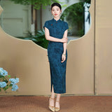 Modern Chinese Qipao, dark blue color, evening dress, ball gown, floral dress