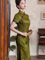 Modern Chinese qipao, mulberry silk Cheongsam, olive color, spring dress, mandarin collar
