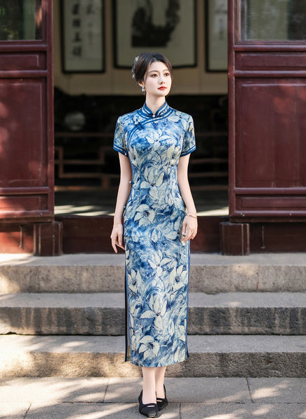 modern chinese dresses Modern Chinese Qipao Green Silk and Linen Petite Dress