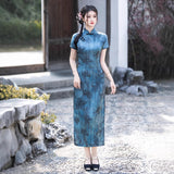 Modern Chinese Qipao, Blue Cheongsam, Long Evening Dress, floral print