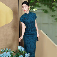 Modern Chinese Qipao, dark blue color, evening dress, ball gown, floral dress
