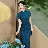 Modern Chinese Qipao, dark blue color, evening dress, ball gown, floral dress