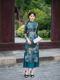 Modern Aodai, blue aodai qipao, flower pattern