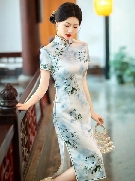 Kostenlose Änderung, traditionelles chinesisches Qipao-Kleid, Cheongsam aus Maulbeerseide, knielanges Kleid 的副本 的副本