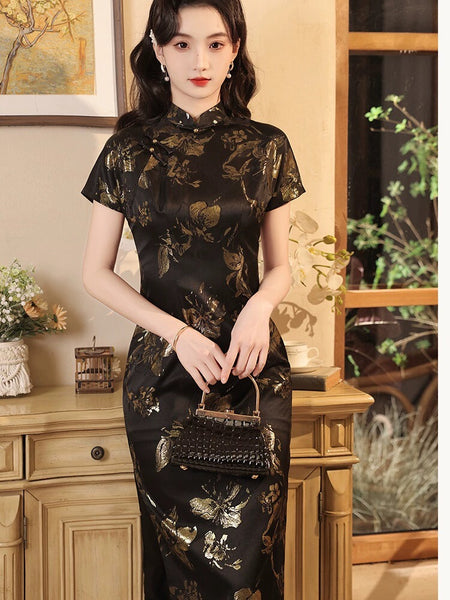 Modern Chinese qipao, mulberry silk Cheongsam, black qipao, spring dress