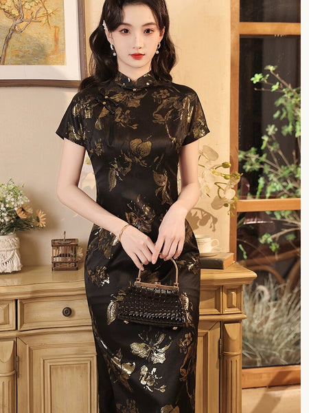 black silk chinese dress Qipao dress for women, Modern Cheongsam, prom dress, Silk Black Qipao 3XL / Black / Cap