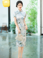 Modern Chinese Qipao, Mulberry Silk cheongsam, kneelength dress, light blue color