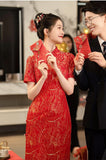 Traditional Chinese dress, Chinese Cheongsam, Chinese wedding dress, Tea ceremony, Red lace qipao