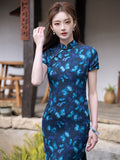 Modern Chinese qipao, Long Cheongsam, blue floral Qipao, Evening Dress