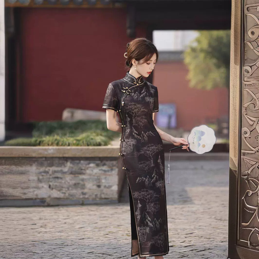 Traditional Chinese Dress, Long Cheongsam Dress, Black Qipao Dress