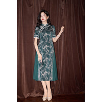 Aodai moderne, Cheongsam longueur genou, Ao Dai vert, motif floral, col mandarin