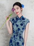 Modern Chinese qipao, Chinese Cheongsam, Blue floral qipao, Ball Gowns, mandarin collar