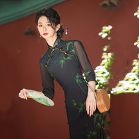 Modern Chinese qipao, Chinese Cheongsam Dress, black floral qipao