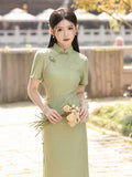 Traditionelles chinesisches Kleid, China Cheongsam, Ramie-Qipao, langes Sommer-Qipao, Blumenmuster, kurze Ärmel, Stehkragen