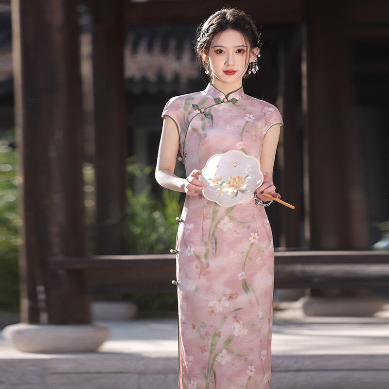 Modern Chinese Qipao, Chinese Cheongsam, Evening Dress, pink Floral dress M Modern Chinese Qipao, Chinese Cheongsam, Evening Dress, pink Floral dress M