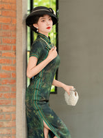 Chinese Cheongsam, Ball Gown, forest green qipao, floral pattern, summer qipao dress