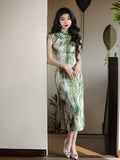 Modern Chinese Qipao, Knee length Cheongsam, light Green Qipao, flower pattern, mandarin collar