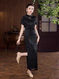 Modern Chinese Qipao, Long Cheongsam, Silk Qipao, Evening Dress, ball gown, black color, short sleeve