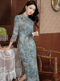 Modern Chinese Qipao dress,  light blue floral dress, Evening Dress, Full length, mandarin collar, 3/4 sleeve